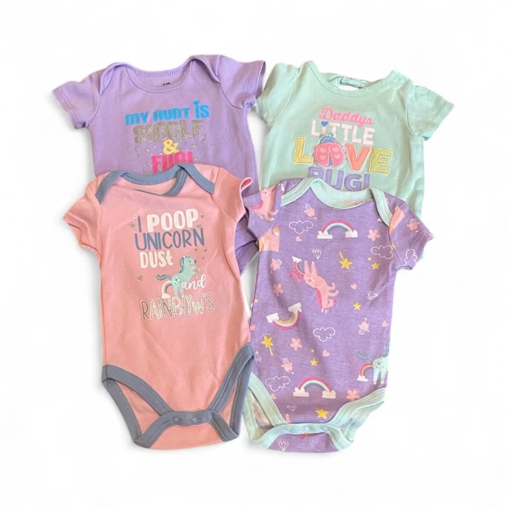 Baby Girl Unicorn Onesie Bundle 0-3 Month Lot of Four